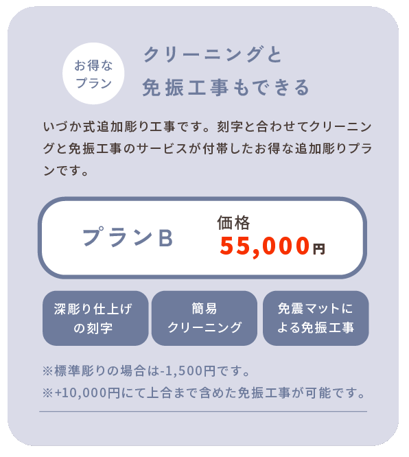 プランB 価格53,350円 深彫り仕上げの刻字 簡易クリーニング 免震マットによる免振工事 お得なプラン クリーニングと免振工事もできる いづか式追加彫り工事です。刻字と合わせてクリーニングと免振工事のサービスが付帯したお得な追加彫りプランです。 ※標準彫りの場合は-1,500円です。　※+10,000円にて上合まで含めた免振工事が可能です。